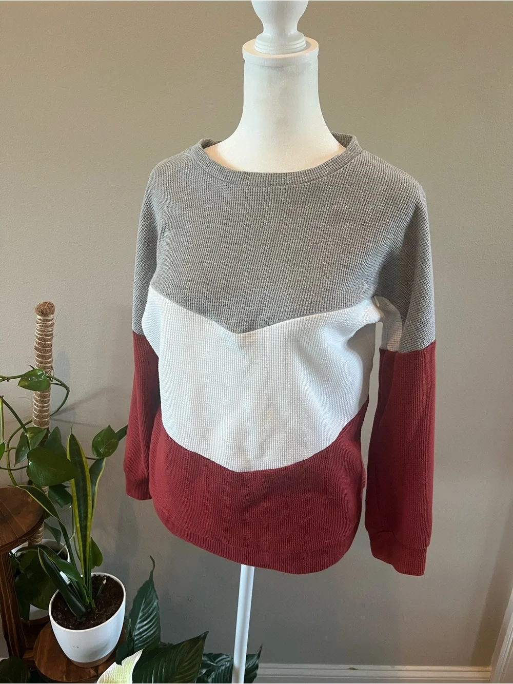 Women’s Colorblock Breastfeeding Waffle-Knit Sweater - Gray, White & Burgundy - Picture 2 of 9